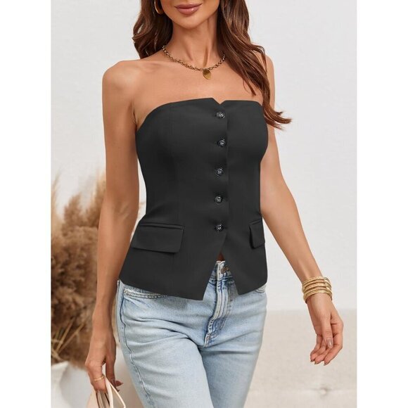 Women Notched NeckTube Black Tops Blazer Sleeveless Button Fitted Strapless Vest - Picture 4 of 7